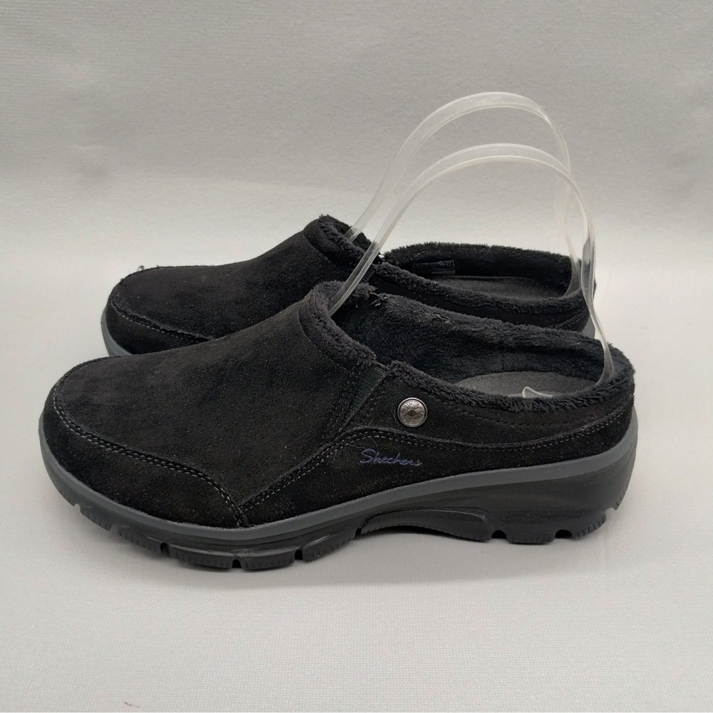 Skechers Easy Going Latte Black Suede Mules Womens Size 8 Black Memory Foam